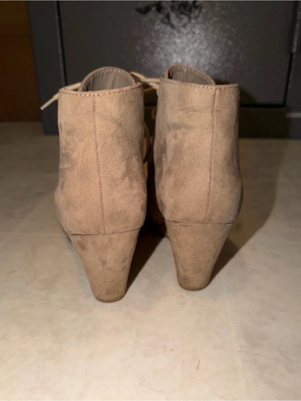 new directions Taupe Suede Lace-Up Ankle Wedge Booties